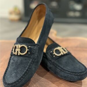 Salvatore Ferragamo Gancini Suede  Loafers in Dark Teal Green